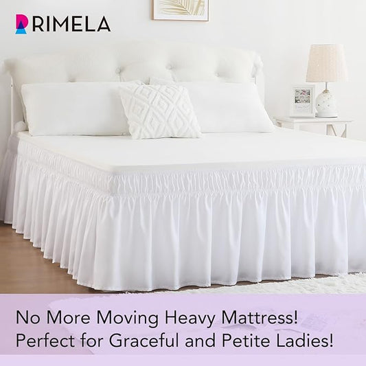 RIMELA White Bed Skirt King Size 21 Inch Drop, Elastic Bed Skirting for Bed Base and Frame, Bedding Dust Ruffle Easy to Install, Lightweight Wrap Around Adjustable Bedskirt