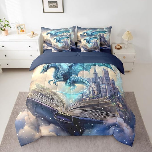 7 Pieces King Size 3D Dragon Comforter Set,Funny Fantasy Book Pattern Bedding Set for Kids Room Decor,Mid-Century Castle (Comforter+Fitted+Flat Sheet+2 Pillowcases+2 Throw Pillow Covers