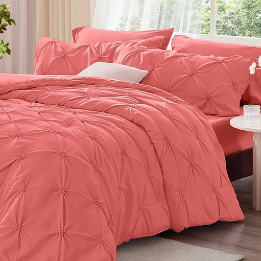 BEDELITE Coral Queen Comforter Set - 3 Pieces Boho Pintuck Bedding Comforter Sets, Lightweight Soft & Warm Bed Comforter Queen with 2 Pillowcases for All Season