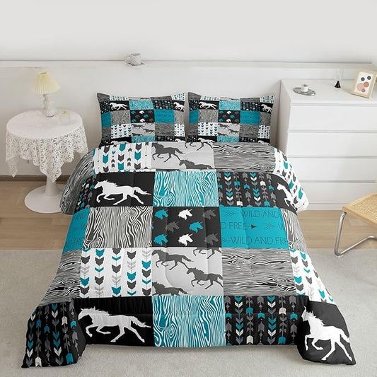 Horse Comforter Set King Size Patchwork Teal Unicorn Bedding Set For Kids Boys Girls Black Gray Wild Horses Wood Grain Down Comforter Geometric Lattice Arrow Grid Animal Room Decor Duvet Set