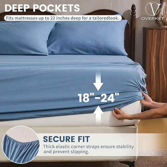 100% Linen Sheet Set Cal King Size Extra Deep Pocket Fits 18-24 Inch Mattress, Breathable & Soft, Smooth 6-Piece Set for Thick Mattresses Hotel Luxury Bedding(Cal King, Dusty Blue)