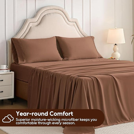 King Size Sheets Set, 4 Pieces Hotel Luxury Soft Microfiber Bed Sheets Set, Up to 16" Deep Pockets, Oeko-Tex Sheets with Elastic, Breathable, Wrinkle Free (Brown,King)