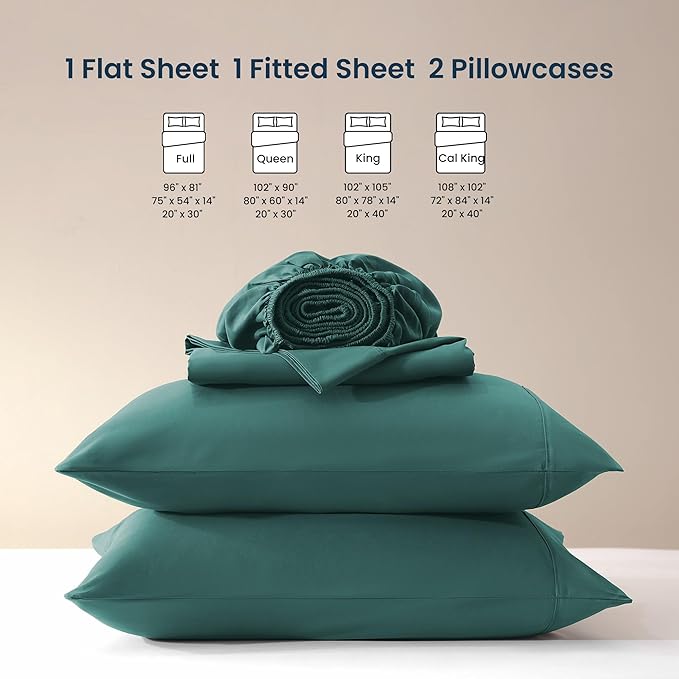 SLEEP ZONE Nanotex Super Soft Cooling Full Size Bed Sheets Set 4 Piece - Easy Care Fitted Flat Sheet & Pillowcase Sets - Wrinkle Free, Fade Resistant, Deep Pocket 16" (Teal, Full)