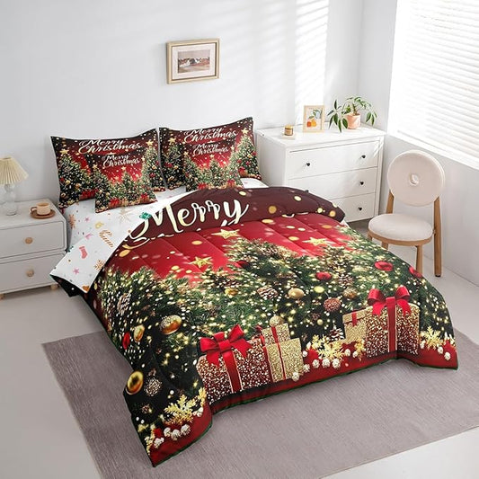 Castle Fairy Boys Girls Kids Xmas Trees Comforter Set 7 Pieces Reversible Bed Set,Happy New Year Bedding Bed in a Bag Soft,Full (1 Comforter,2 Pillowcase,2 Pillow Covers,1 Flat Sheet,1 Fitted Sheet)