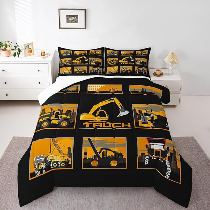 Erosebridal Excavator Comforter Set Queen Tractor Truck Bedding Set Construction Vehicle Down Comforter for Boys Kids Girls Teens Cartoon Heavy Machinery Car Bedding Sets & Collections, Gray Yellow