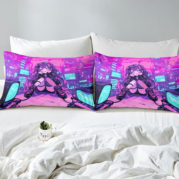 Erosebridal Fashion Girls Queen Bed Sheets Japanese Girl Fitted Sheet,Girly 3D Gaming Kids Bedding Sets Fashion Pink Coquette Sheets with 2 Pillowcases