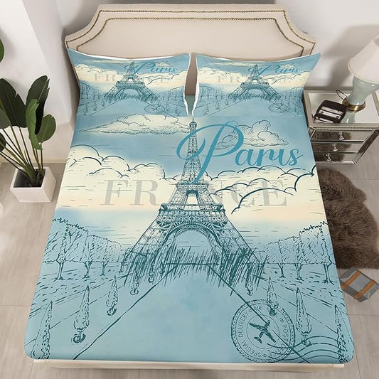 Eiffel Tower Bed Sheets Set Retro Paris Style Fitted Sheet Vintage Cityscape Bedding Set for Bedroom Decor Boys Girls Landmark Sheet (King Flat Sheet & Fitted Sheet with 2 Pillow Case)