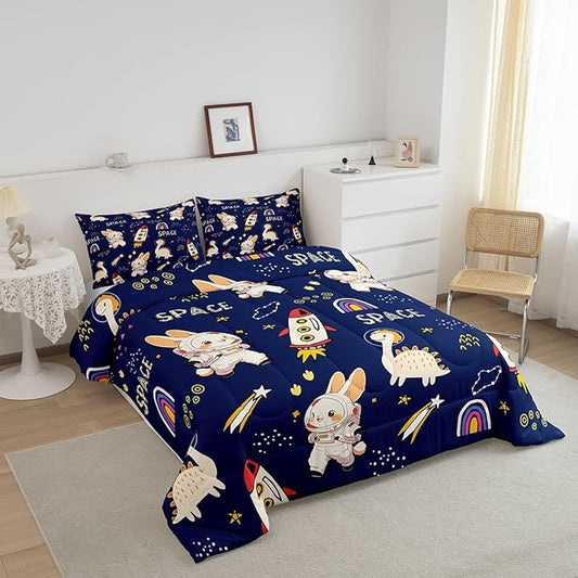 Castle Fairy Cute Rabbits Comforter King Size,Kids Boys Dinosaurs Comforter Set Bedding Set for Kids Adults,Cartoon Rocket Starry Galaxy Navy Duvet Set Ultra Soft Room Decor 3Pcs Quilt Set