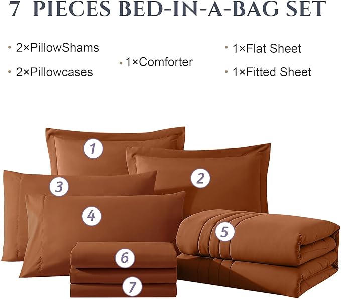 Monbix Super King Size Comforter Set - 7 Pieces Burnt Orange Bed in a Bag Super King Bedding Sets with Comforters, All Seasons Comforter Bed Set with Sheets,Pillowcases & Shams