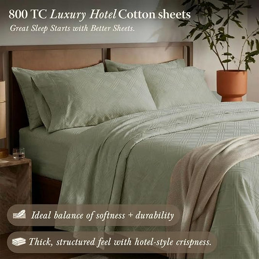 Threadmill Queen Sheet Set for Queen Mattresses | 800 Thread Count Jacquard Celine Sage Green | Better Than Egyptian Cotton | 4 Pc Bed Sheets | Elasticized Deep Pocket | 100% Cotton Sheets