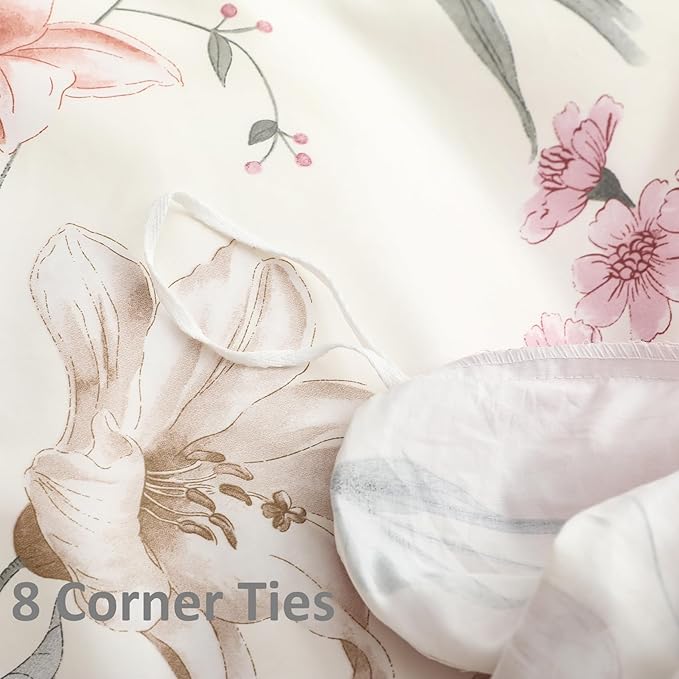 OAITE Duvet Cover Set Queen Size Floral Pattern 600 Thread Count Ultra Soft 100% Long Staple Cotton Duvet Cover Sets 3-PC, Breathable Duvet Cover with Zipper Closure & Corner Ties