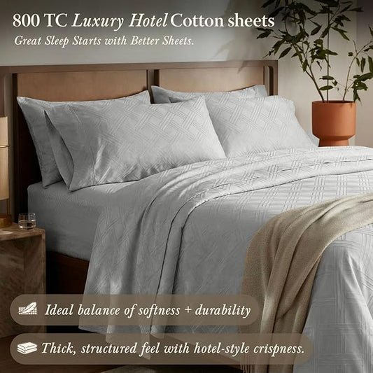 Threadmill King Size Sheets for King Mattress | 800 Thread Count Jacquard Celine Light Grey | Better Than Egyptian Cotton | 4 Pc Bed Sheets | Damask Sheet Fits 16'' Deep Pocket | 100% Cotton Sheets