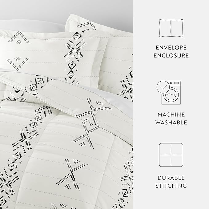 LINENS & HUTCH Comforter Set Patterned Microfiber All Season Down-Alternative Ultra Soft Bedding in Urban Stitch - Full/Queen Urban Stitch Gray