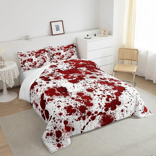 Red Tie Dye Comforter Set Twin Size,Halloween Decor Bedding Set 2pcs for Kids Teens Girls Bedroom,Gothic Horror Style Quilt Set Cartoon Hand Painted Graffiti Duvet Insert with 1 Pillowcase