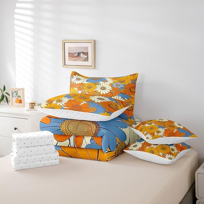 70s Groovy Flowers Comforter Set 7 Pieces,Hippie Retro Daisy Bed Set,Watercolor Farmhouse Style Bedding Bed in a Bag,King (1 Comforter,2 Pillowcase,2 Pillow Covers,1 Flat Sheet,1 Fitted Sheet)