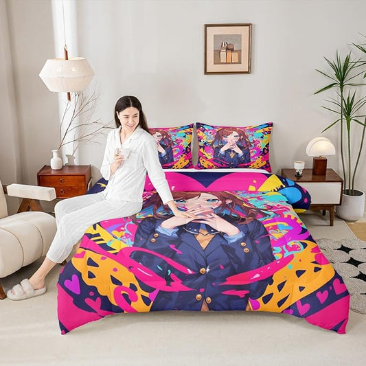 Erosebridal Anime Girl Toddler Bedding Set, Japanese Anime Comforter Set 3 Piece for Kids Girls Teens Adult Bedroom Decor, Cartoon Girl Quilt Kawaii Japanese Animation Bedding Comforter Sets