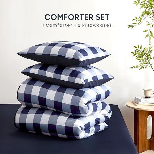 Wake In Cloud - Gingham Comforter Set, Plaid Buffalo Check Checkered Cottagecore Cute Geometric, Soft Lightweight Bedding, 3 Pieces, Navy Blue White, Twin/Twin XL Size