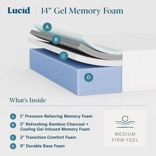 Lucid 14 Inch Memory Foam Mattress - Medium Firm Feel - Infused with Refreshing Bamboo Charcoal and Cooling Gel - Bed in a Box - Temperature Regulating - Pressure Relief - Breathable - Queen Size