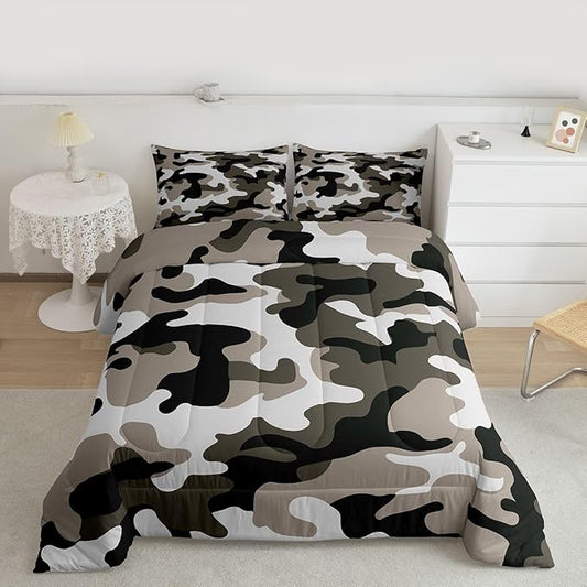 Camouflage Comforter Set Grey Camo Bedding Sets King Size Militarily Army Down Comforter For Boys Teens Men Adult Tie Dye Retro Geometric Warm Soft Quilted Duvet 3Pcs Bedroom Decor, All Season