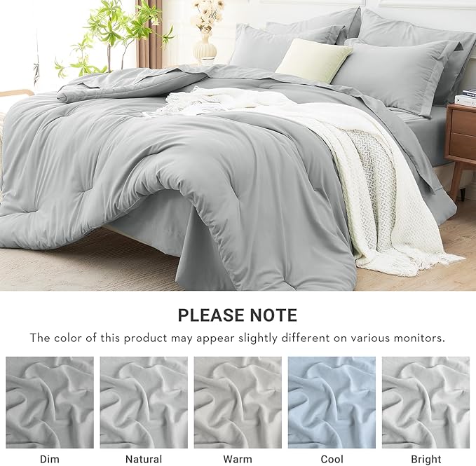 MUXHOMO 5 Pieces Twin XL Comforter Set, Soft Bed in a Bag Twin XL Size, All Season Bedding Set with Comforter, Flat Sheet, Fitted Sheet, Pillowcases & Shams, Light Grey