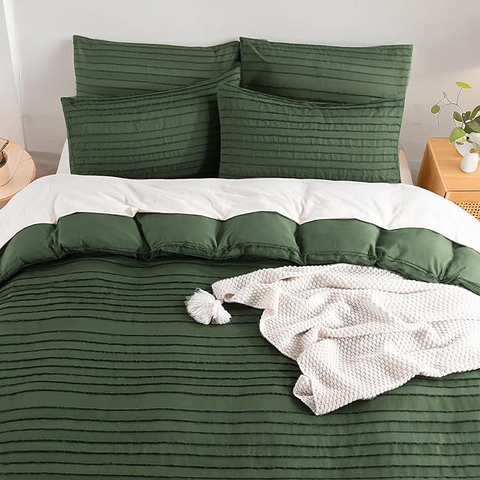 NEXHOME PRO Duvet Cover Full,3 Pieces Boho Tufted Duvet Cover Set, Soft and Lightweight 100% Washed Microfiber Comforter Cover Set for All Season(Forest Green,80 x 90)-No Comforter