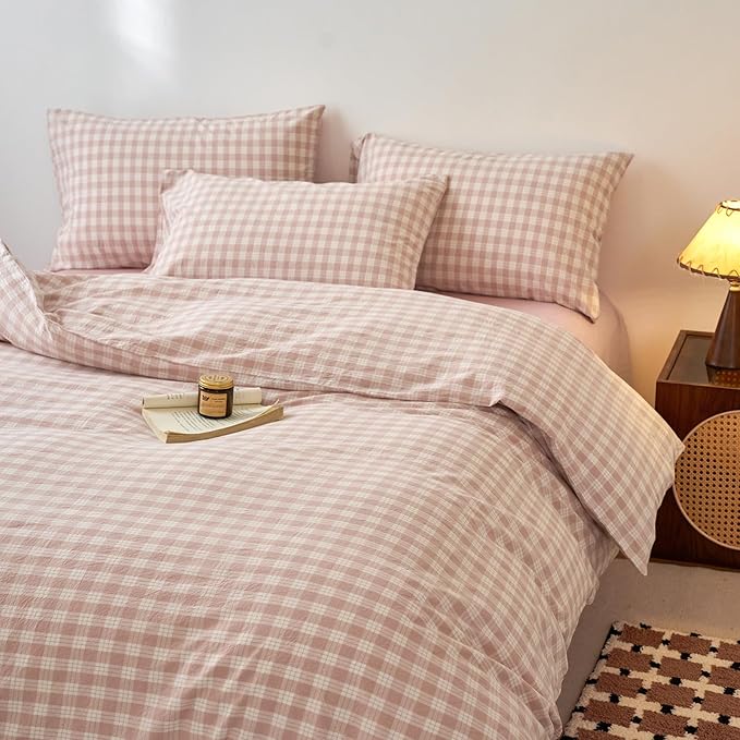 Pink Gingham Twin Duvet Covers Washed Cotton Boho Comforter Cover Twin Checkered Plaid Lightweight Cute Duvet Cover Set with Hidden Zipper Cozy Teen Bedding Set for Girls Duvet Protector