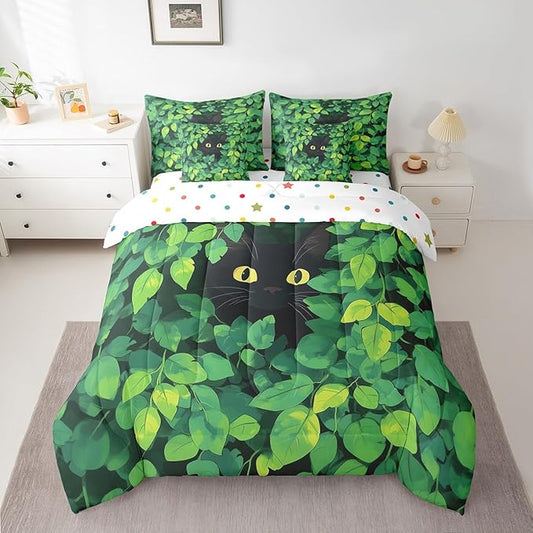 jejeloiu Cute Cat Bedding Set 7Pcs Full Size Kids Kawaii Kitten Comforter Set with Sheets for Boys Girls Green Plant Bed in a Bag Soft Lightweight,Microfiber