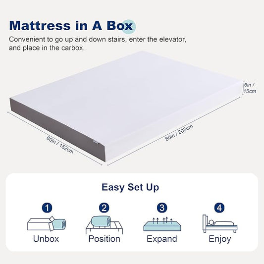 Amazon Basics Breathable Memory Foam Mattress, Soft Plush Feel, 6 Inch, Queen, White/Grey, 80 x 60 x 6 inches (LxWxH)