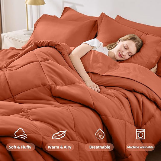 FUANNA 7 Pieces Full Size Comforter Sets, All Season Bedding Sets Full Size, Luxury Soft Bed in a Bag with Comforter, Flat Sheet, Fitted Sheet, Pillowcases & Pillow Shams, Burnt Orange