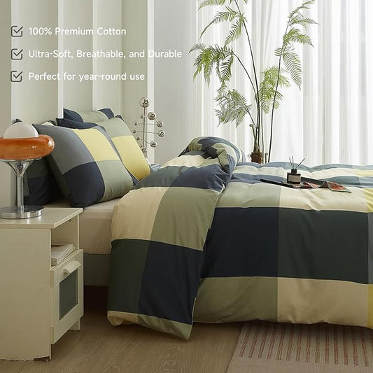 mixinni Checkered Geometric Duvet Cover Set - Full Size, 3-Piece 100% Cotton Bedding Set, Soft & Breathable Plaid Design with Zipper Closure, Reversible Comforter Cover for All Seasons