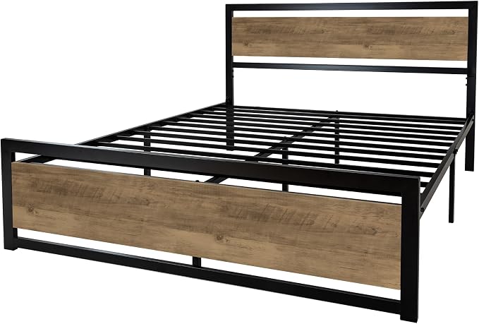 SHA CERLIN Heavy Duty Full Size Bed Frame with Modern Headboard, Brown | Platform Metal Base with Square Footboard and 13 Strong Slats Support, No Box Spring Needed