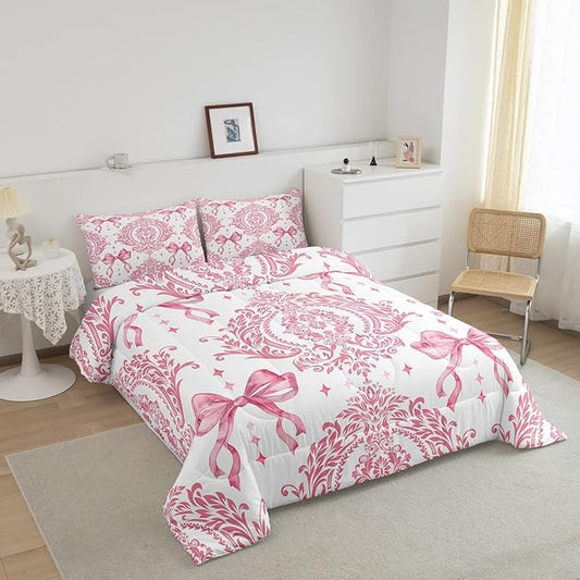 Feelyou Girls Pink Bowknot Comforter Set Twin Size Gothic Damask Comforter Victorian-Themed Bedding Set Baroque Duvet Set Vintage Floral Quilt Set 2Pcs