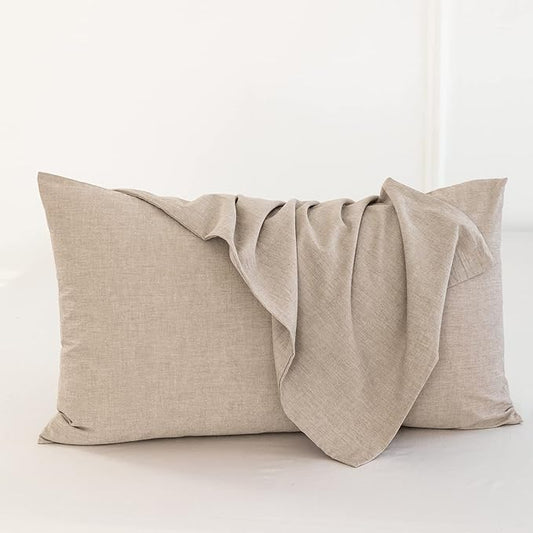 MooMee Bedding Pillowcases Pack of 2 100% Washed Cotton Linen Like Textured Breathable Durable Soft Comfy (Heathered Taupe, Queen)
