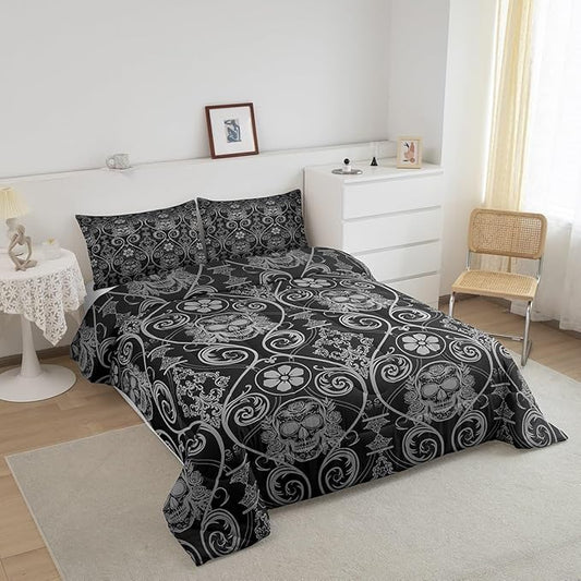 Feelyou Adults Grey Vintage Damask Floral Comforter Set Oriental Antique Comforter Queen Size Exotic Sugar Skull Rose Bedding Set Gothic Bohemia Boho Duvet Set Quilt Set 3Pcs
