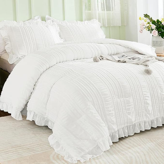 WONGS BEDDING White Comforter Set King,3 Pieces Ruffle Farmhouse Shabby Chic Boho Comforter for King Bed,Soft Textured Bedding Set with 1 Ruffle Comforter,2 Tufted Pillowcases 104"×90"