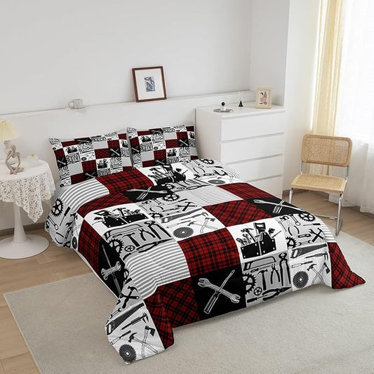 Kids Boys Car Bedding Set Queen Size Farmhouse Gingham Check Comforter Wrench Repair Outfit Comforter Set Red Black Duvet Set 3Pcs Quilt Set 1 Comforter Set with 2 Pillowcase
