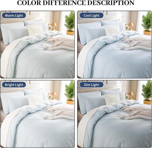 NEXHOME PRO Duvet Cover Set Queen Size Linen Look Textured Natural 100% Organic Cotton Duvet Cover 3 Pieces Bedding Set with Zipper Closure, Soft, Light Baby Blue (No Comforter)