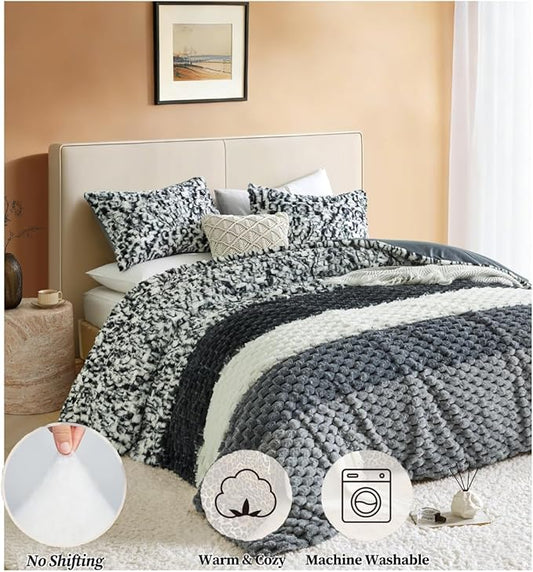 Petrichor Fluffy Queen Comforter Set - Black and White Striped Faux Fur Blanket for Queen Bed, Ultra-Soft Warm Bedding for Winter & Fall, Cozy 3 Piece Bed Set (1 Comforter & 2 Pillowcases)