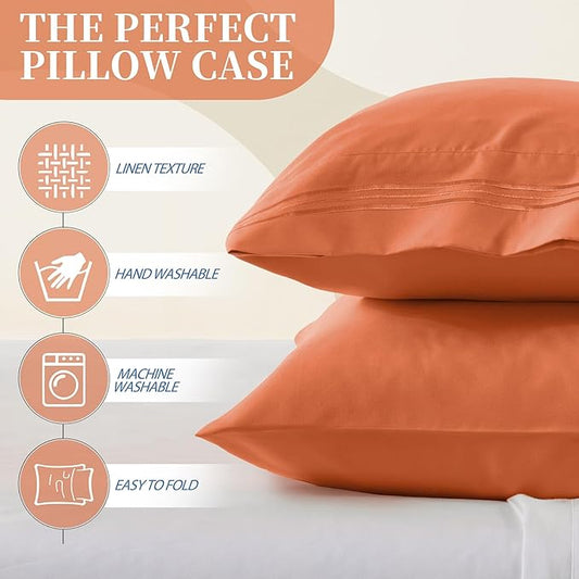 Vonty 2 Pack Standard Pillow Cases - 20x26 Inch, 1800 Thread Count Microfiber Pillowcases Standard Size Pumpkin Orange Pillow Cases Luxury & Soft Embroidered Bed Pillow Covers with Envelope Closure