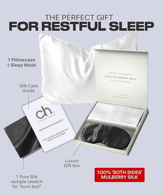 SUNDAYSILKSโข Mulberry Silk Pillowcase Set of 2, Queen Size, Midnight Black Silk Sleep Mask Included