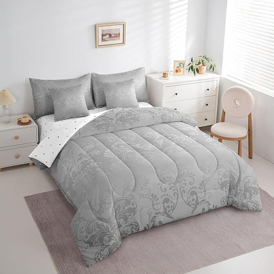 Erosebridal Gothic Damask Bed in a Bag King Size Comforter Set 7 Pieces,Butterfly Skull Bedding Sets Grey Victorian Floral Goth Sheet Set with Comforter