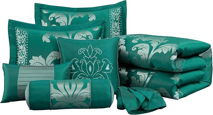 Chezmoi Collection 7-Piece Jacquard Floral Comforter Set (California King, Green/Silver)
