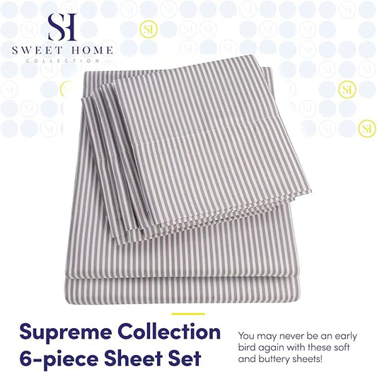 Queen Sheets Stripe Grey - 6 Piece 1500 Supreme Collection Fine Brushed Microfiber Deep Pocket Queen Sheet Set Bedding - 2 Extra Pillow Cases, Great Value, Queen, Classic Stripe Gray