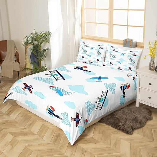 Castle Fairy Kids Aircraft Bedding Set Boys Teens Airplanes Duvet Cover Set Blue White Clouds Comforter Cover Chic Gingham Bedspread Cover Bedroom Quilt Cover 3Pcs Full with 2 Pillowcase,No Comforter