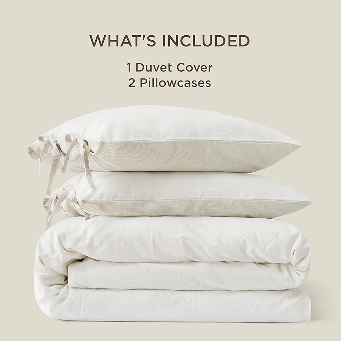 Bedsure Striped Duvet Cover Queen Size – Moisture-Wicking Eucalyptus Lyocell, Cotton & Linen Hybrid Comforter Cover Set with Bowknot Ties Closure – GentleSoft™ & Breathable Bedding Set–White
