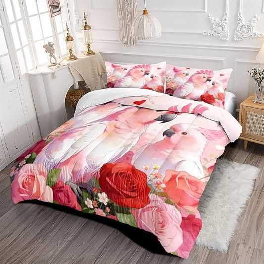 Women Girls Romantic Parrot Comforter Set, Twin Size 2-Piece Pink Roses Comforter Sets, 1 Comforter 68"x 90", 1 Pillowcase, Soft Microfiber
