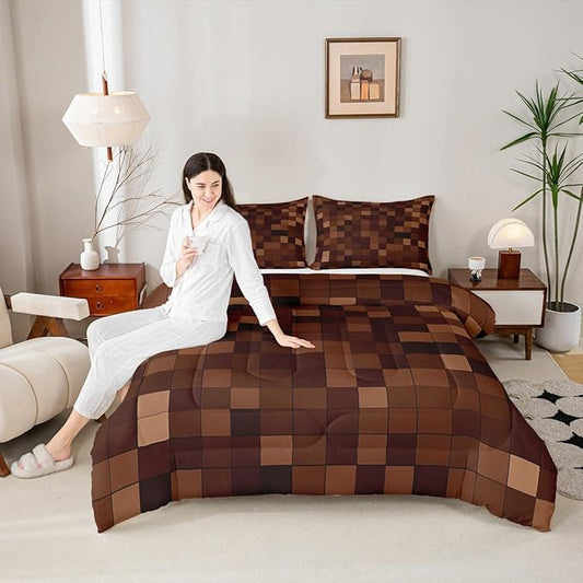 Miners Pixel Checked Comforter Set King Size,Video Games Check Lattice Kids Bedding Set,Game Cartoon Gamepad Quilt Comforter,Dark Brown Duvet Insert,2 Pillowcases
