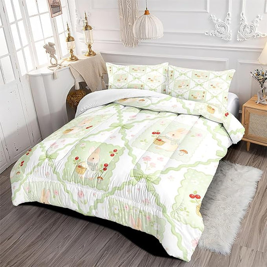 Green White Gingham Bunny Animals Bedding Set for Girls, 7Pcs Full Size Bed in a Bag, Cute Cartoon Comforter Set, 1 Comforter, 1 Flat Sheet, 1 Fitted Sheet, 2 Pillowcases, 2 Pillow Shams