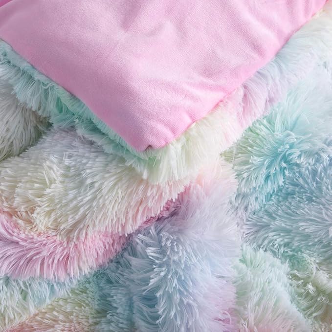 Wajade Faux Fur Plush Rainbow Comforter Set Fluffy Fuzzy Shaggy Bedding Set - 3PC King Size Microfiber Soft Warm Quilt Set