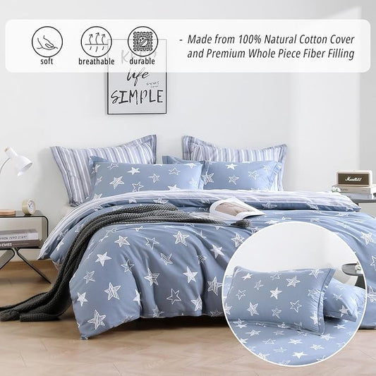 Blue Cotton Comforter Queen Size 3Pcs - White Doodle Style Stars on Denim Blue Front, Gray Stripes on Back, Reversible Lightweight Bedding Sets with Soft Fill(Queen, 90"×90")